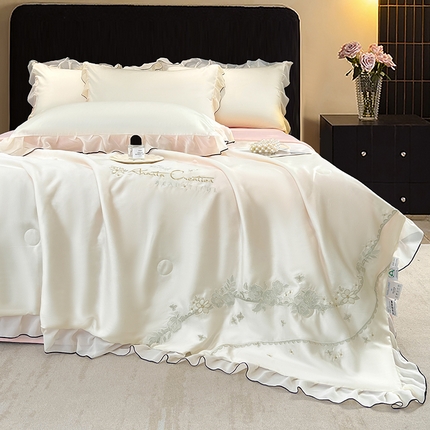 梦舒羽 2025新款刺绣水洗真丝花边夏被四件套宿舍夏凉被床单枕套三件套-花韵花边款 花韵-粉（花边款）