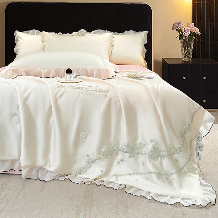 91家纺网 家纺一手货源 找家纺 梦舒羽 2025新款刺绣水洗真丝花边夏被四件套宿舍夏凉被床单枕套三件套-花韵花边款 花韵-粉（花边款）