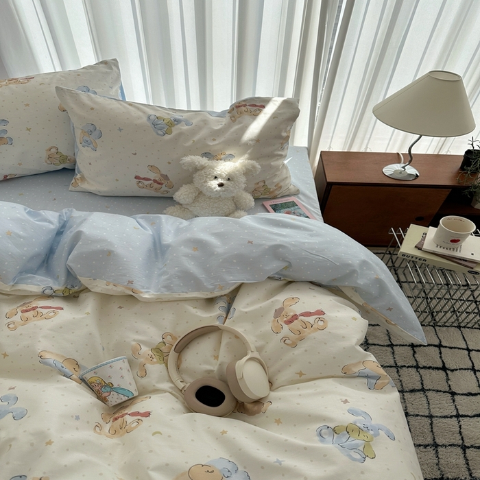 91家纺网 家纺一手货源 找家纺 尺素 2025新款全棉卡通可爱儿童四件套纯棉活性A类被套学生宿舍三件套1.8床笠双人床单 米团兔