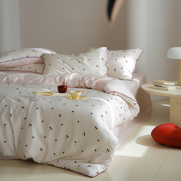 91家纺网 家纺一手货源 找家纺 简纯主义 2025新款兰精天丝印花四件套 樱桃粉