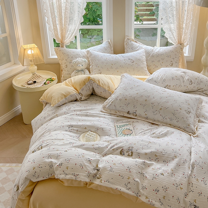 91家纺网 家纺一手货源 找家纺 壹号库 2025新款A类提花有氧彩竺绵四件套 田园小兔