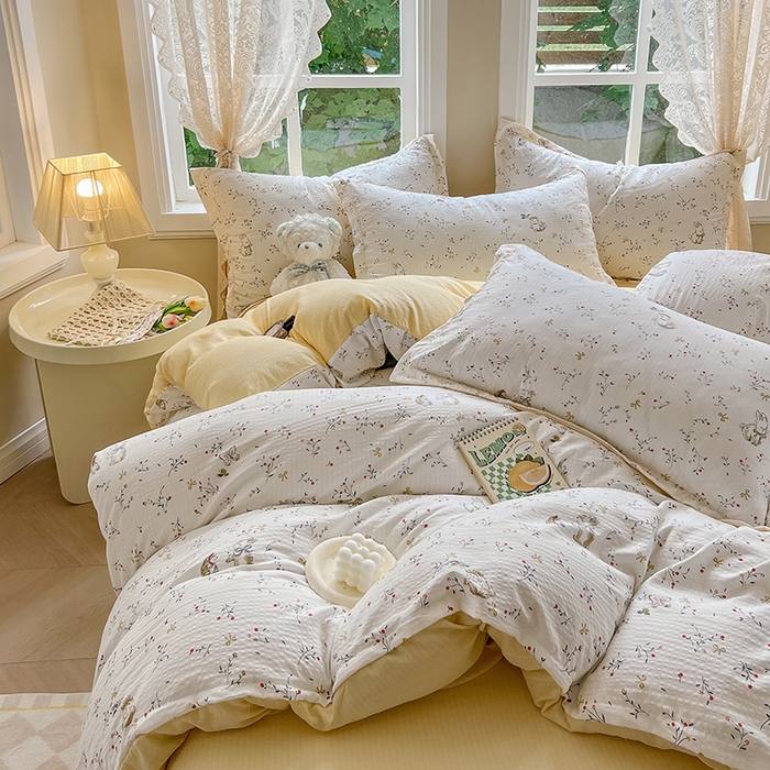 91家纺网 家纺一手货源 找家纺 壹号库 2025新款A类提花有氧彩竺绵四件套 田园小兔