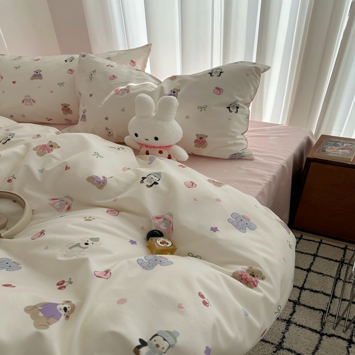91家纺网 家纺一手货源 找家纺 尺素 2025新款全棉卡通可爱儿童四件套纯棉活性A类被套学生宿舍三件套1.8床笠双人床单 软萌派