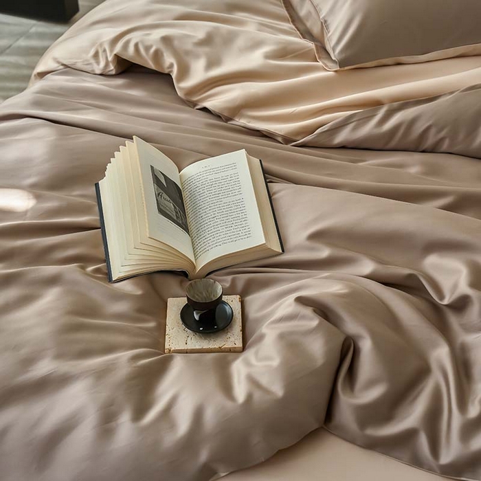 91家纺网 家纺一手货源 找家纺 咏绒家纺工厂店 2025新款60支奥地利兰精天丝纯色天丝棉四件套 露褐（枯木棕-小麦色）