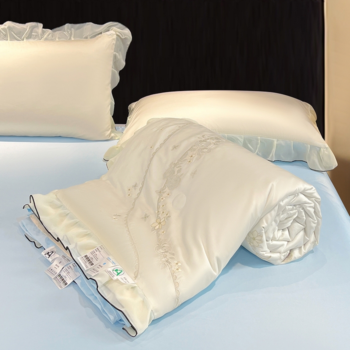 91家纺网 家纺一手货源 找家纺 梦舒羽 2025新款刺绣水洗真丝花边夏被四件套宿舍夏凉被床单枕套三件套-花韵花边款 花韵-蓝（花边款）