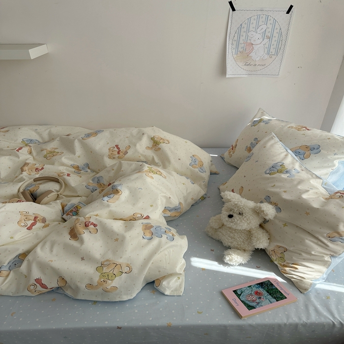 91家纺网 家纺一手货源 找家纺 尺素 2025新款全棉卡通可爱儿童四件套纯棉活性A类被套学生宿舍三件套1.8床笠双人床单 米团兔