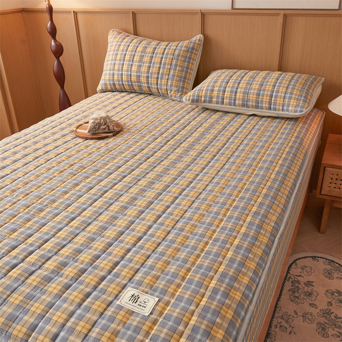 91家纺网 家纺一手货源 找家纺 伊人坊2025新款全棉色织水洗棉六面全包床笠床垫保护套无印风 单层床围-黄调格