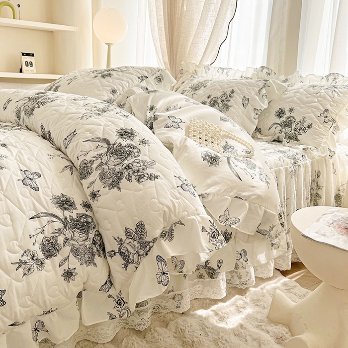 91家纺网 家纺一手货源 找家纺 宜凡家纺 2025新款糯糯棉全夹棉床笠式床裙三件套 春风舞动