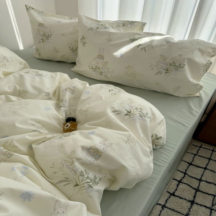 91家纺网 家纺一手货源 找家纺 尺素 2025新款全棉卡通可爱儿童四件套纯棉活性A类被套学生宿舍三件套1.8床笠双人床单 薄荷小兔