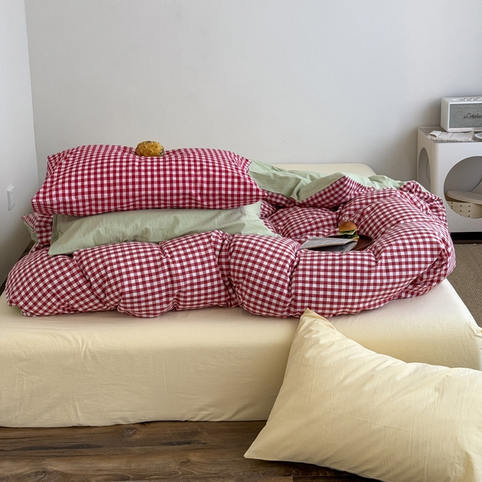 91家纺网 家纺一手货源 找家纺 （总）艾沁2025新款全棉色织水洗棉西瓜色撞色四件套