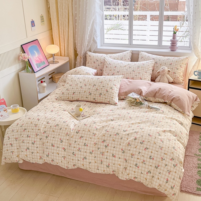 91家纺网 家纺一手货源 找家纺 吉象家纺13070全棉四件套纯棉四件套直播小清新男孩女草莓格