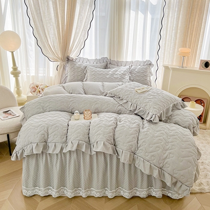 宜凡家纺 2025新款糯糯棉全夹棉床笠式床裙四件套 月牙灰