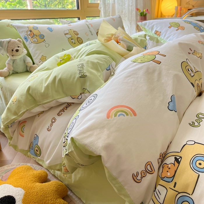 91家纺网 家纺一手货源 找家纺 吉象家纺13070全棉四件套纯棉四件套直播小清新男孩女工程车