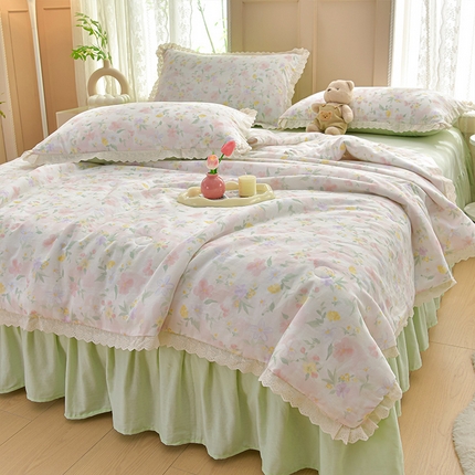 91家纺网 家纺一手货源 找家纺 （总）绘萱家居 2025新款100%全棉双层纱花边床裙款夏被四件套