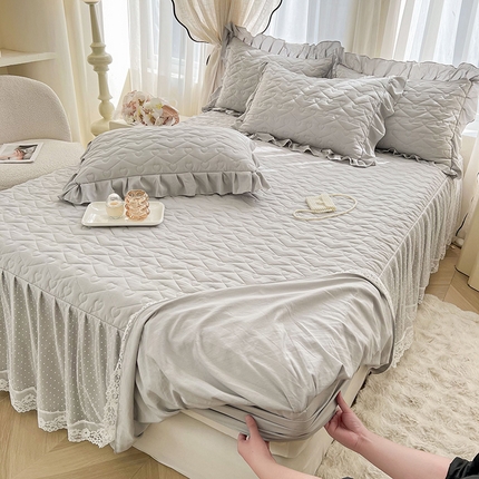宜凡家纺 2025新款糯糯棉全夹棉床笠式床裙三件套 月牙灰