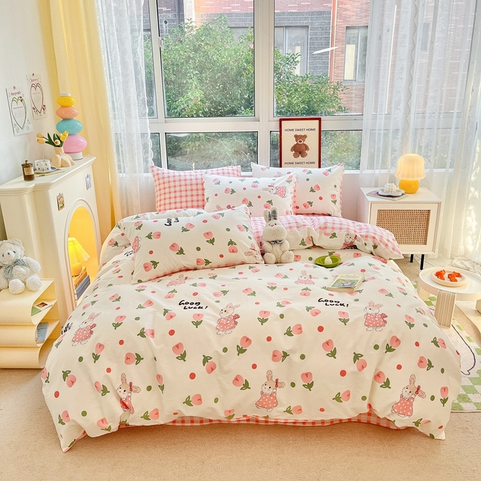 91家纺网 家纺一手货源 找家纺 吉象家纺13070全棉四件套纯棉四件套直播小清新男孩女郁金香粉兔