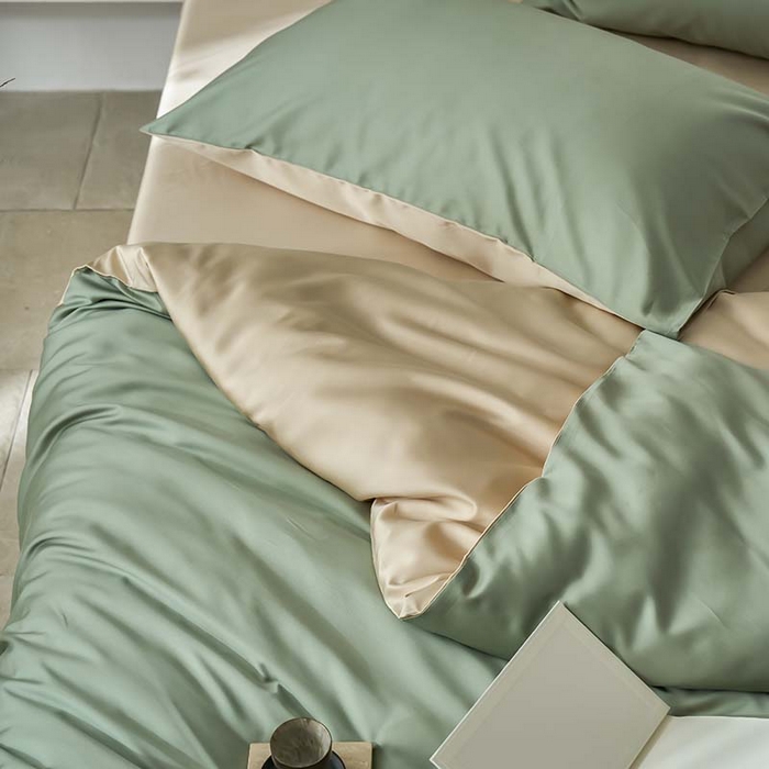 91家纺网 家纺一手货源 找家纺 咏绒家纺工厂店 2025新款60支奥地利兰精天丝纯色天丝棉四件套 兰苕（瓦松绿-小麦色）