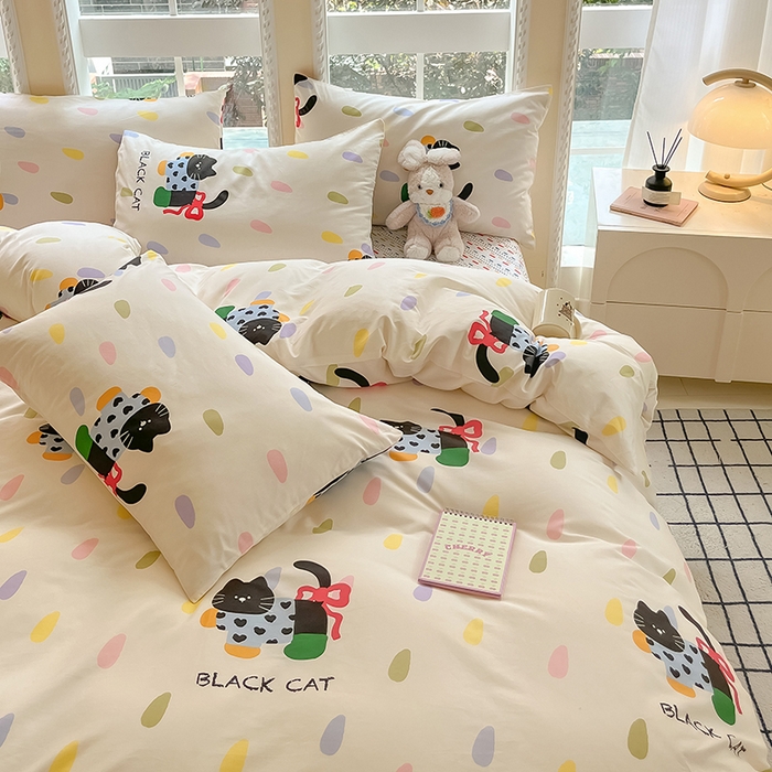 91家纺网 家纺一手货源 找家纺 吉象家纺13070全棉四件套纯棉四件套直播小清新男孩女靴子猫