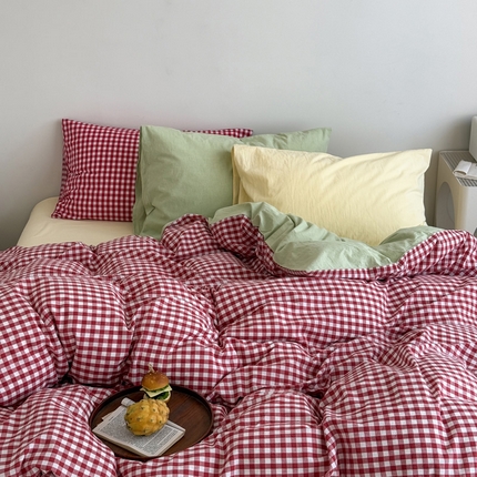 91家纺网 家纺一手货源 找家纺 （总）艾沁2025新款全棉色织水洗棉西瓜色撞色四件套