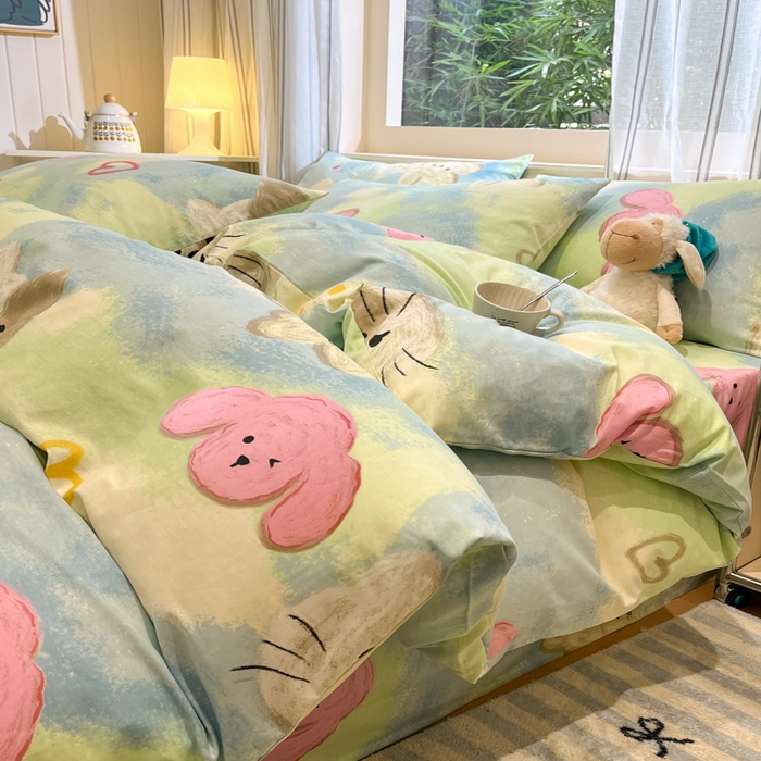 91家纺网 家纺一手货源 找家纺 吉象家纺13070全棉四件套纯棉四件套直播小清新男孩女蜡笔画