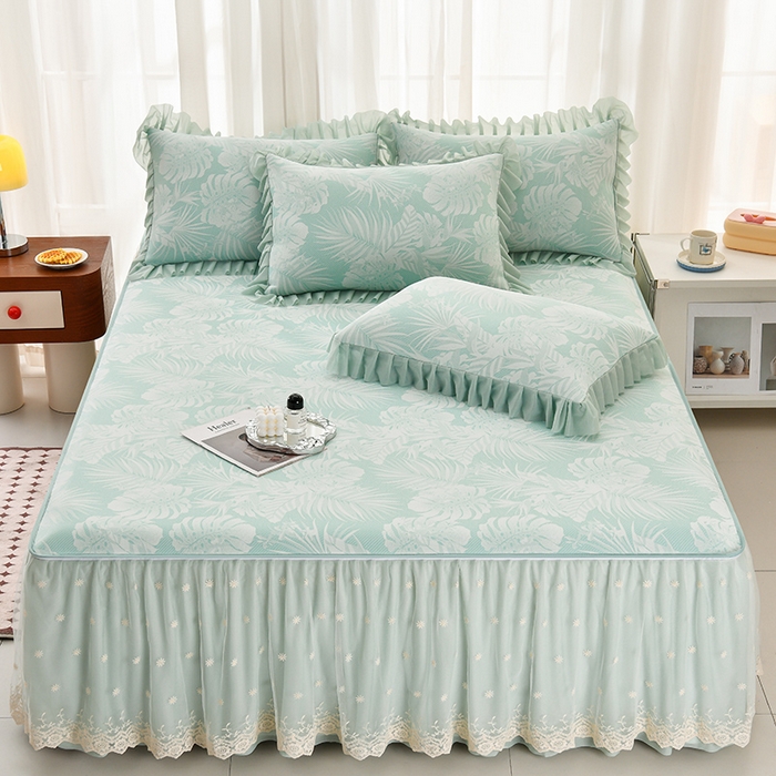 91家纺网 家纺一手货源 找家纺 家之硕家纺 2025春夏新款凉感提花凉席三件套-夏日清凉系列 夏日清凉---绿