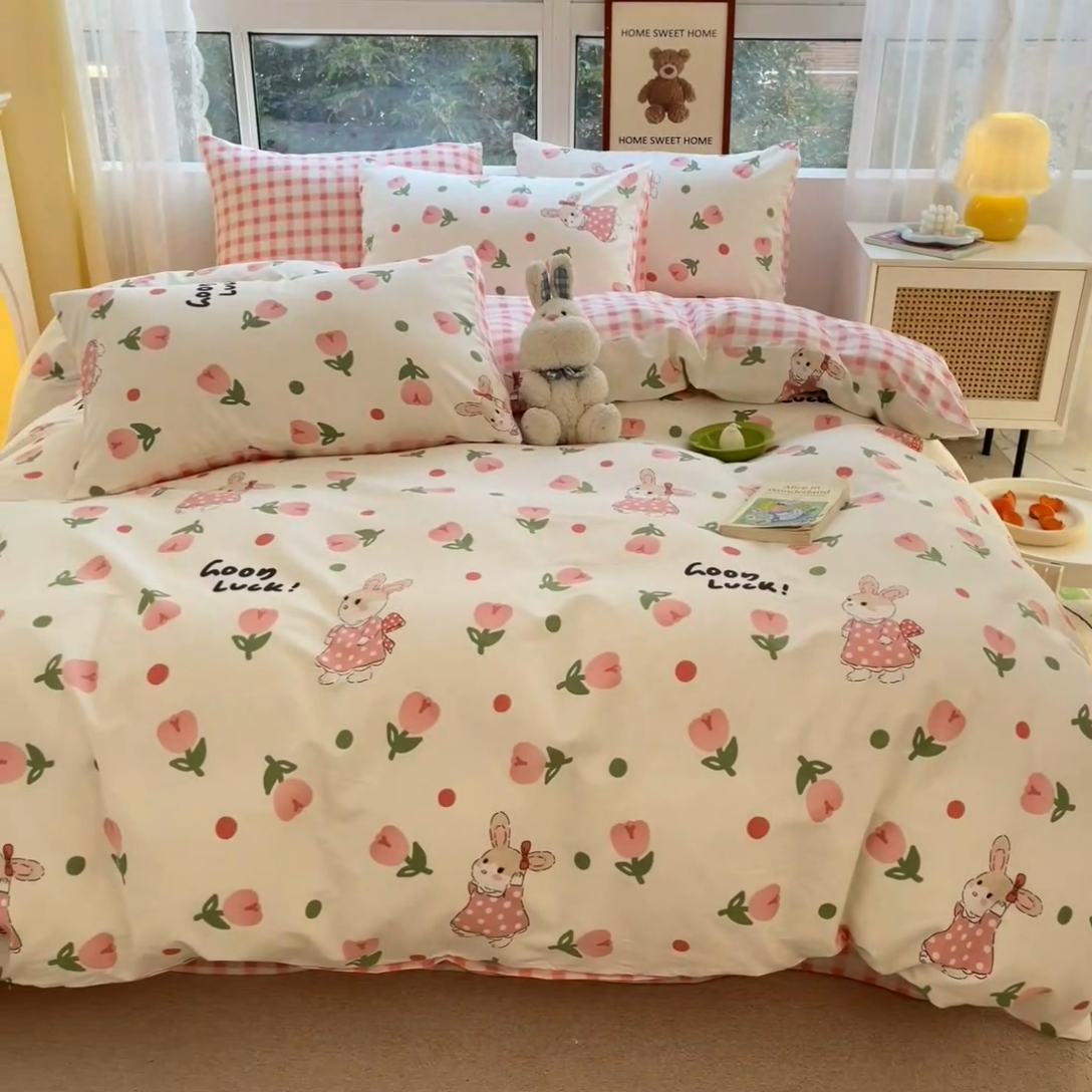 91家纺网 家纺一手货源 找家纺 吉象家纺13070全棉四件套纯棉四件套直播小清新男孩女郁金香粉兔