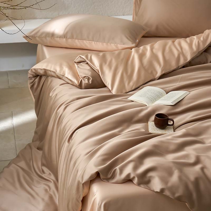 91家纺网 家纺一手货源 找家纺 咏绒家纺工厂店 2025新款60支奥地利兰精天丝纯色天丝棉四件套 茶棕（淡雅米-风衣米）