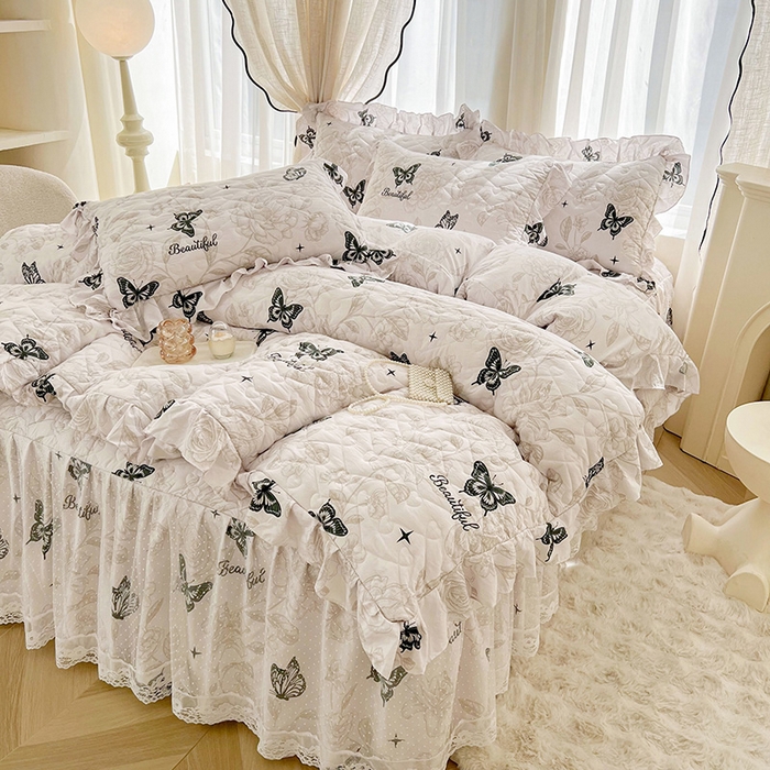 91家纺网 家纺一手货源 找家纺 宜凡家纺 2025新款糯糯棉全夹棉床笠式床裙四件套 梦幻蝴蝶