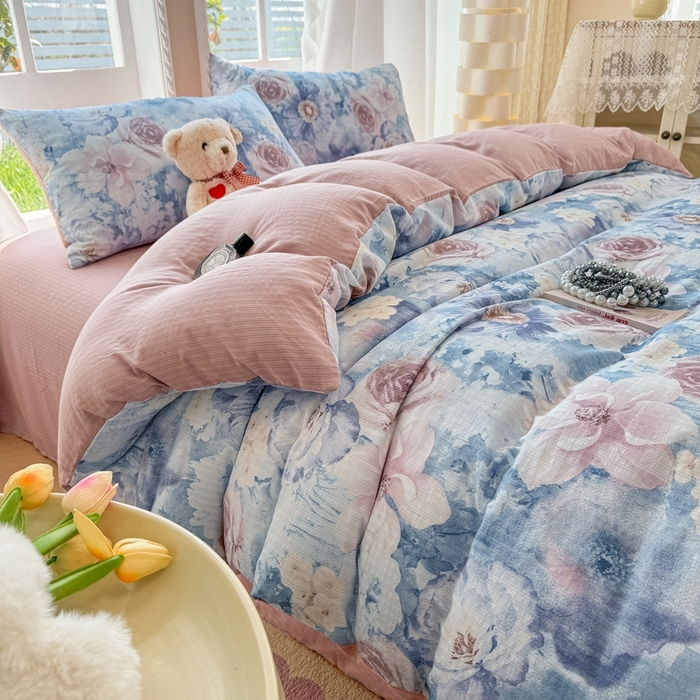 91家纺网 家纺一手货源 找家纺 壹号库 2025新款A类提花有氧彩竺绵四件套 水墨兰花