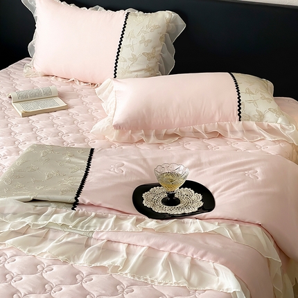 富米莱（原臻工厂） 2025新款西西里莱赛尔天丝法式公主风浮雕蝴蝶夏被床盖四件套 西西里-粉