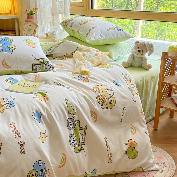 91家纺网 家纺一手货源 找家纺 吉象家纺13070全棉四件套纯棉四件套直播小清新男孩女工程车