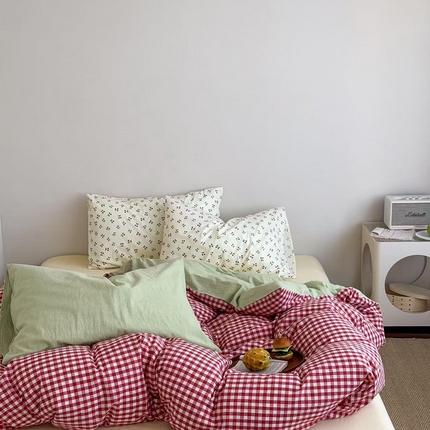 91家纺网 家纺一手货源 找家纺 （总）艾沁2025新款全棉色织水洗棉西瓜色撞色四件套