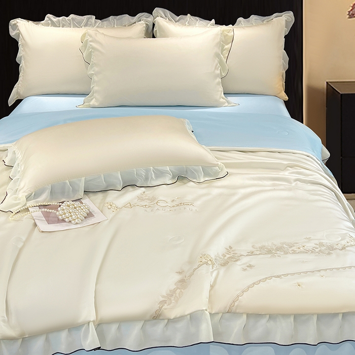 91家纺网 家纺一手货源 找家纺 梦舒羽 2025新款刺绣水洗真丝花边夏被四件套宿舍夏凉被床单枕套三件套-花韵花边款 花韵-蓝（花边款）