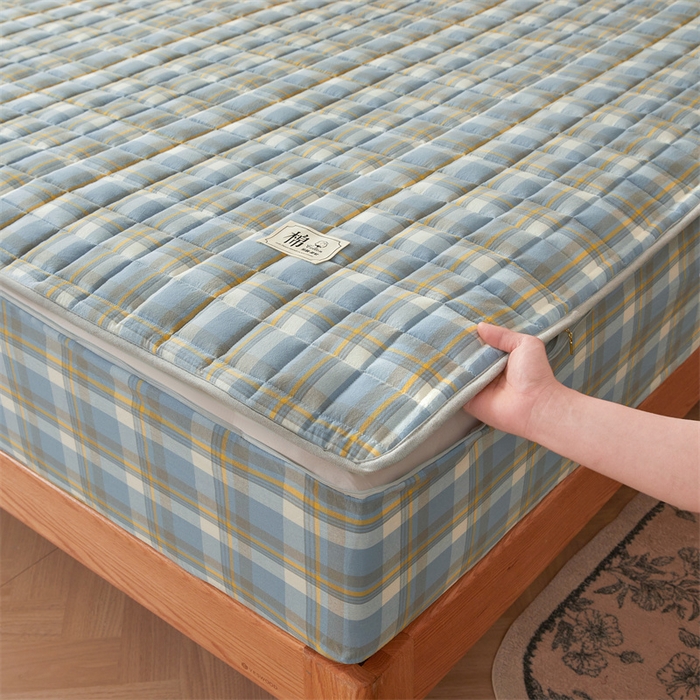 91家纺网 家纺一手货源 找家纺 伊人坊2025新款全棉色织水洗棉六面全包床笠床垫保护套无印风 单层床围-简兮蓝