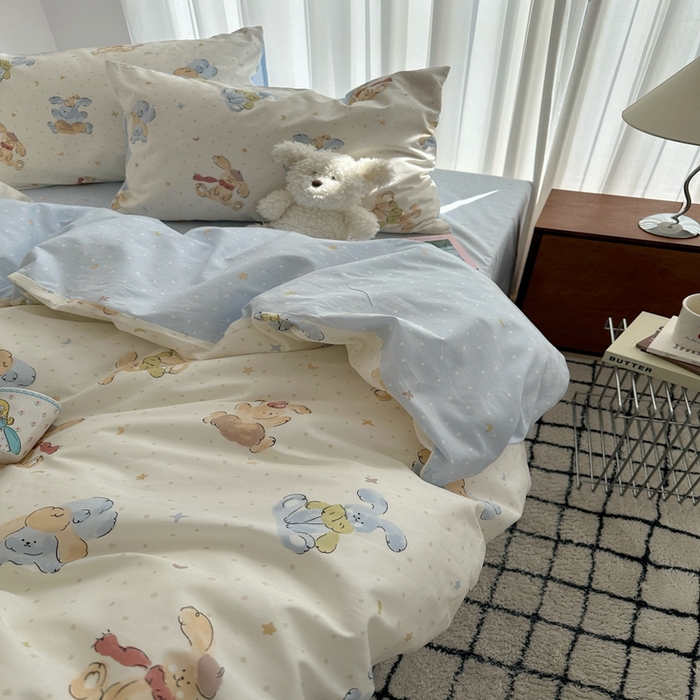 91家纺网 家纺一手货源 找家纺 尺素 2025新款全棉卡通可爱儿童四件套纯棉活性A类被套学生宿舍三件套1.8床笠双人床单 米团兔