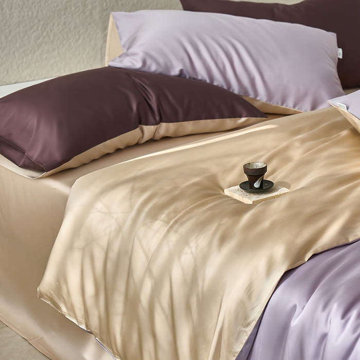 91家纺网 家纺一手货源 找家纺 咏绒家纺工厂店 2025新款60支奥地利兰精天丝纯色天丝棉四件套 紫缇（紫缇-小麦色）