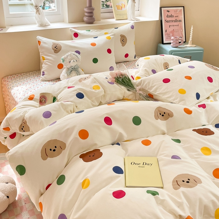 91家纺网 家纺一手货源 找家纺 吉象家纺13070全棉四件套纯棉四件套直播小清新男孩女炫彩狗