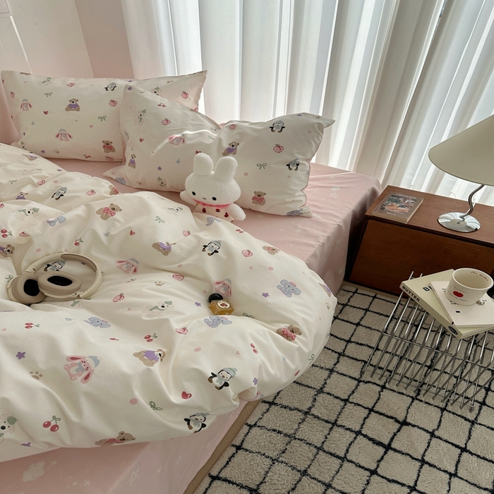 91家纺网 家纺一手货源 找家纺 尺素 2025新款全棉卡通可爱儿童四件套纯棉活性A类被套学生宿舍三件套1.8床笠双人床单 软萌派