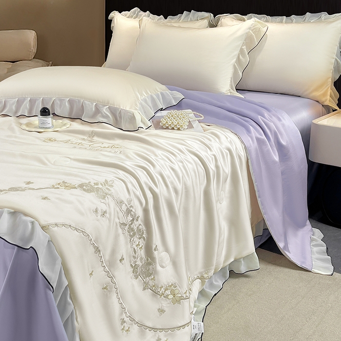 91家纺网 家纺一手货源 找家纺 梦舒羽 2025新款刺绣水洗真丝花边夏被四件套宿舍夏凉被床单枕套三件套-花韵花边款 花韵-紫（花边款）