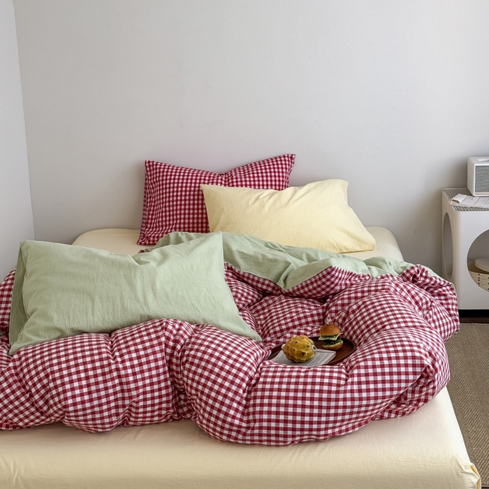 91家纺网 家纺一手货源 找家纺 （总）艾沁2025新款全棉色织水洗棉西瓜色撞色四件套