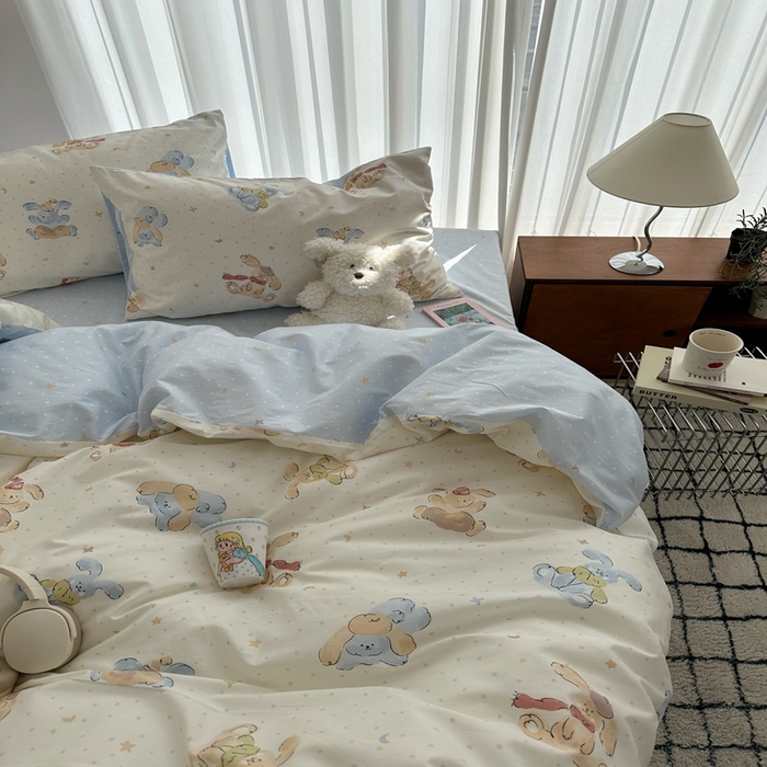 91家纺网 家纺一手货源 找家纺 尺素 2025新款全棉卡通可爱儿童四件套纯棉活性A类被套学生宿舍三件套1.8床笠双人床单 米团兔