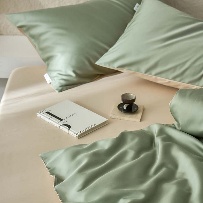 91家纺网 家纺一手货源 找家纺 咏绒家纺工厂店 2025新款60支奥地利兰精天丝纯色天丝棉四件套 兰苕（瓦松绿-小麦色）