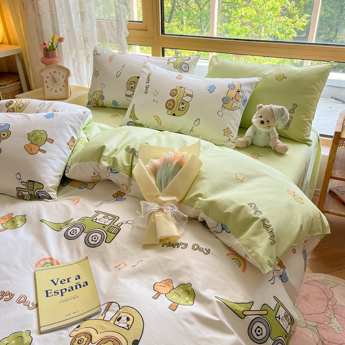 91家纺网 家纺一手货源 找家纺 吉象家纺13070全棉四件套纯棉四件套直播小清新男孩女工程车