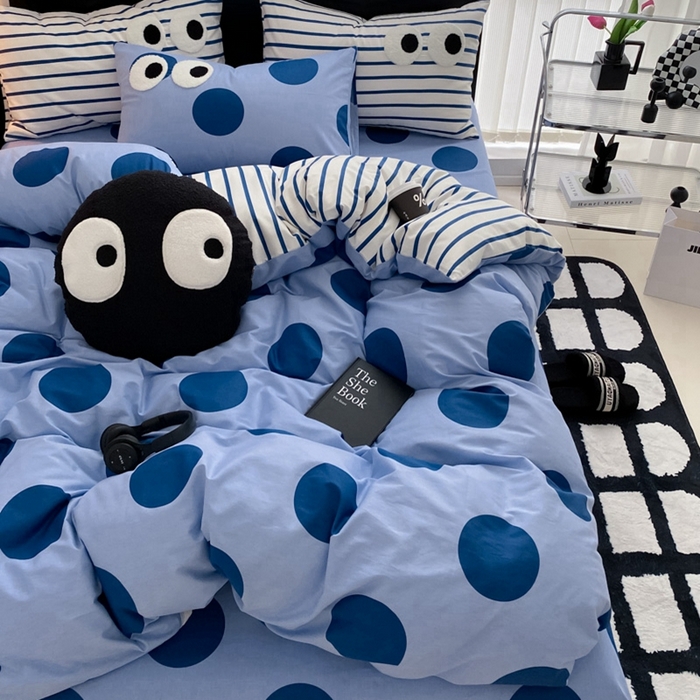 91家纺网 家纺一手货源 找家纺 吉象 2025新款大眼睛毛巾绣四件套 大眼睛-波点魅惑蓝