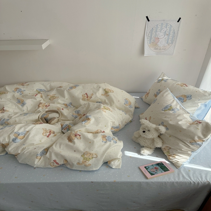 91家纺网 家纺一手货源 找家纺 尺素 2025新款全棉卡通可爱儿童四件套纯棉活性A类被套学生宿舍三件套1.8床笠双人床单 米团兔