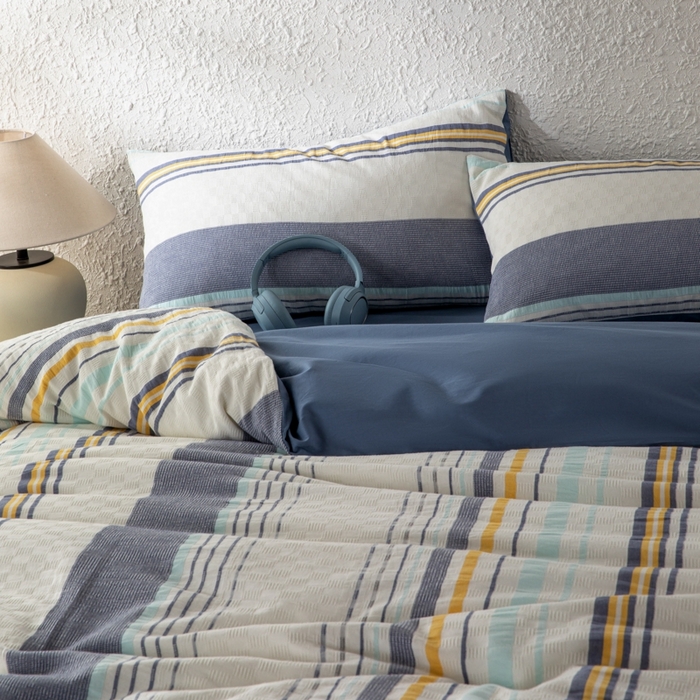 91家纺网 家纺一手货源 找家纺 简宜家居（朝初家纺） 2025新款华夫纯棉格色织提花四件套 初色-蓝