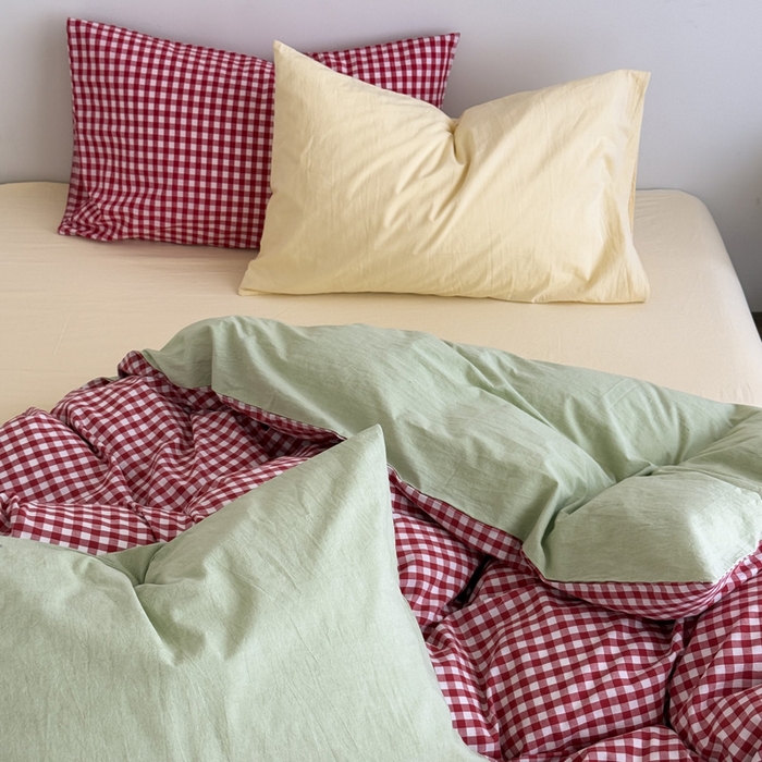 91家纺网 家纺一手货源 找家纺 （总）艾沁2025新款全棉色织水洗棉西瓜色撞色四件套