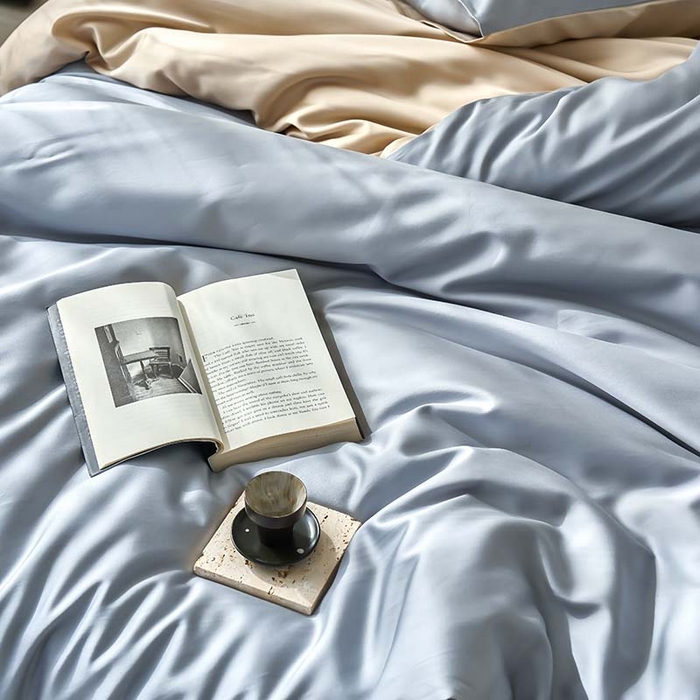 91家纺网 家纺一手货源 找家纺 咏绒家纺工厂店 2025新款60支奥地利兰精天丝纯色天丝棉四件套 岩岭（朦胧灰-小麦色）