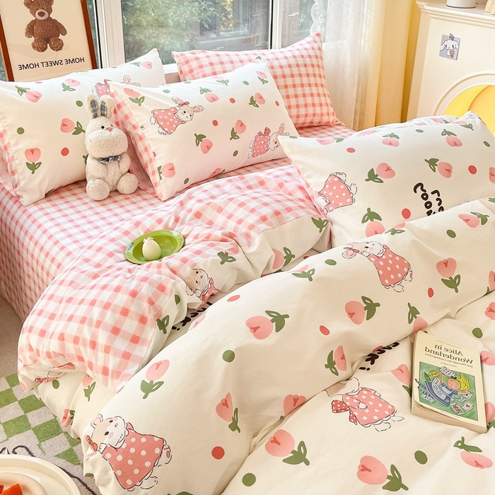 91家纺网 家纺一手货源 找家纺 吉象家纺13070全棉四件套纯棉四件套直播小清新男孩女郁金香粉兔