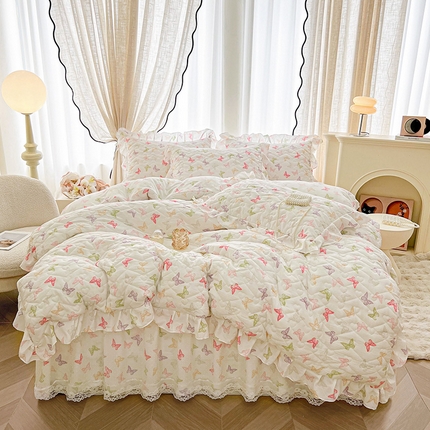 宜凡家纺 2025新款糯糯棉全夹棉床笠式床裙四件套 蝶舞纷飞
